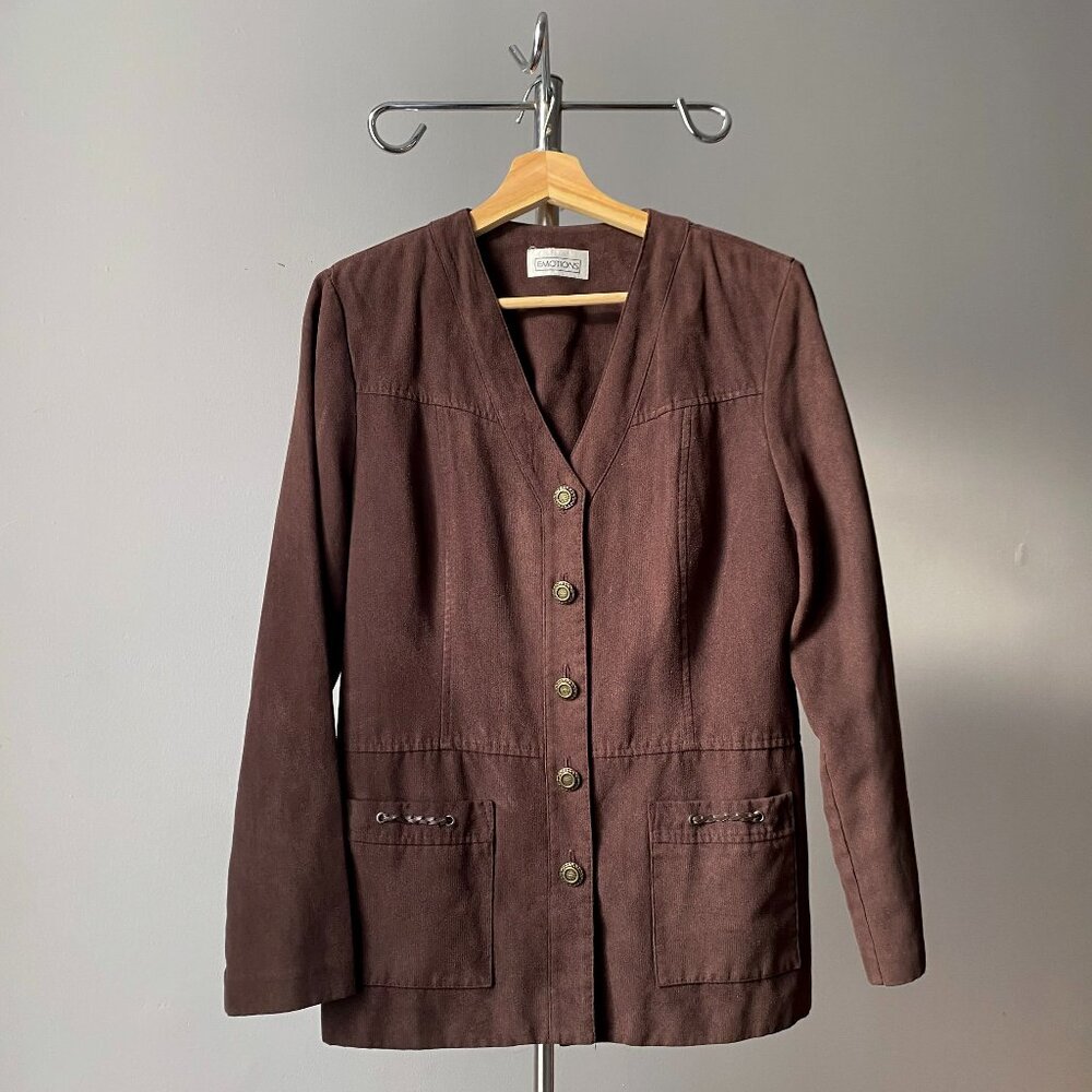 ❄️80s Vintage Chocolate Brown V-Neck Boxy Faux Suede Western Blazer with Leather